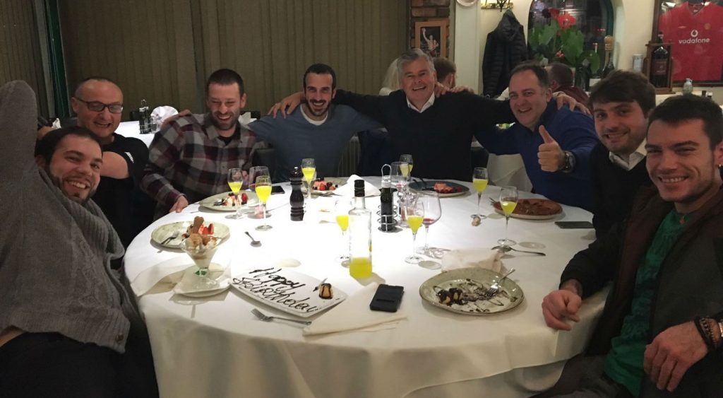 Power Gems relaxing in restaurant with Spanish rental lighting company friends