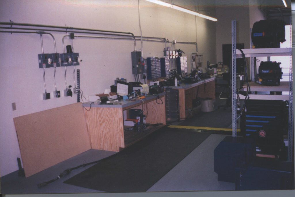 Interior of Power Gems at Sun Valley, USA, Workbenches and lighting fixtures