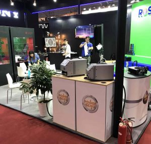 CFEC team preparing the Power Gems booth before the opening of BIRTV 2019