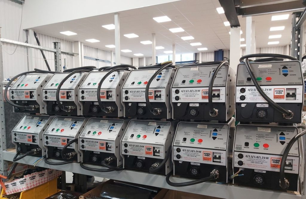 Rows of EB425P 4kW ballasts by Power Gems to go to CineSpot in Egypt