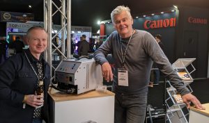 Chris Hughes of PKE Lighting with Patrick McGuane of Power Gems at Stand 333 at the BSC Show 2022