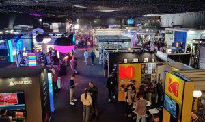 High-angle wide shot of the BSC 2024 show with exhibition stands and people